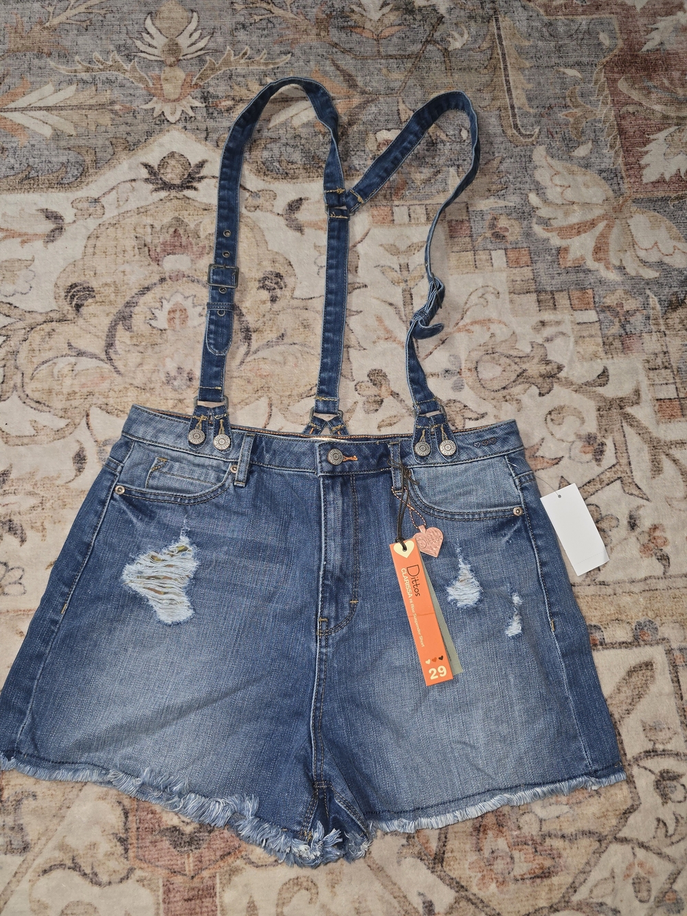 Dittos Distressed Blue Denim Suspender Shorts